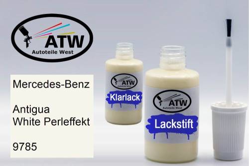 Mercedes-Benz, Antigua White Perleffekt, 9785: 20ml Lackstift + 20ml Klarlack - Set, von ATW Autoteile West.